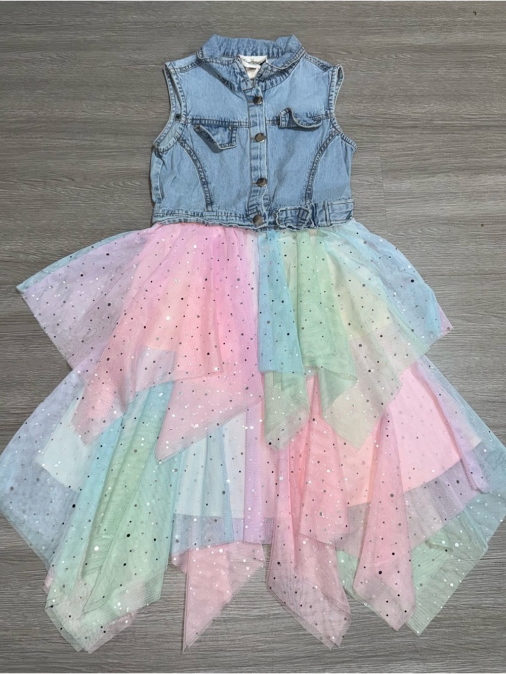 Rare Editions Light Blue Denim Rainbow Tulle Dress